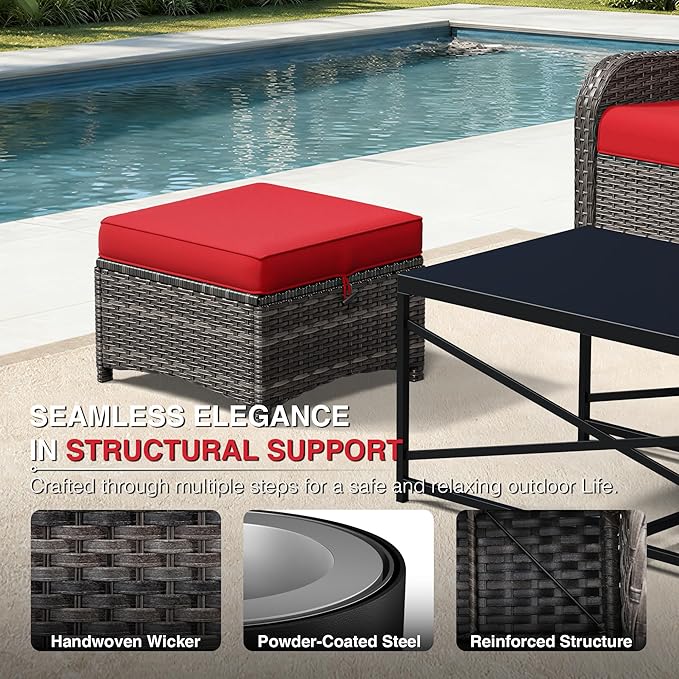 Joyside Outdoor Ottoman Set of 2, Patio Large Ottoman Foot Rest with Thickened Cushions, Outdoor Wicker Foot Stool for Porch, Deck Use Joyside