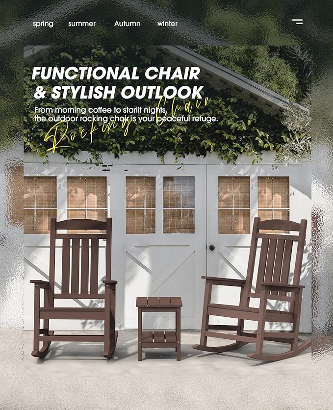 KINGYES HDPE Rocking Chairs Outdoor, Patio Rocking Chairs with 330lbs Support, Smooth Porch Rocker for Deck Lawn Yard, Coffee Brown KINGYES