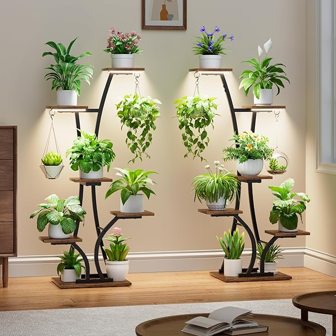 Plant Stand with Grow Light for Indoor Plants, 6 Tiered Metal Plant Shelf, 45" Indoor Plant Rack with 7 Shelves and 2 Hooks, Modern Corner Plant Holder for Living Room Balcony Bedroom, Black Rootora