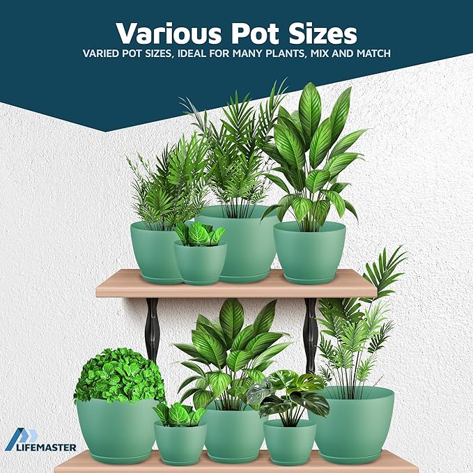 Mint Plant Pots with Drainage Holes & Saucers 3 Pack, Indoor & Outdoor Stackable Space-Saving Planters for Houseplants & Flowers, (7", 6.7", and 6" Inches), Durable & Weatherproof Materials LIFEMASTER
