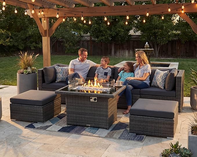 NICESOUL 29.3'' High Backrest Patio Furniture Set with Firepit Table Gas/Propane, Heavy Duty Deep Seating Outdoor Sectional Sofa Sets, 6 Seater Modern Luxury Extra Large Wicker Conversations, Gray NICESOUL