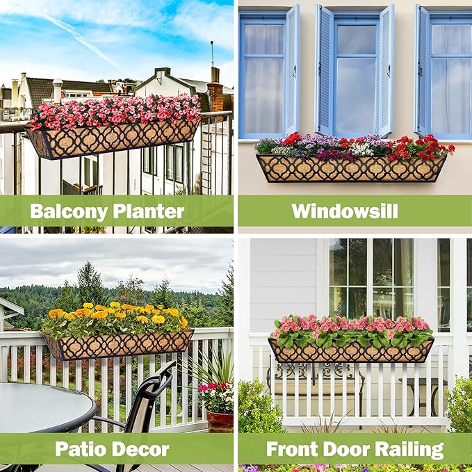 2pcs 30 Inch Window Deck with Coco Liner, 30" Window Boxes Horse Trough with Coconut Coir Liner, Metal Hanging Flower Planter Window Basket Deck Railing Planter Boxes for Outdoor Indoor Lawn LAWYAMAI