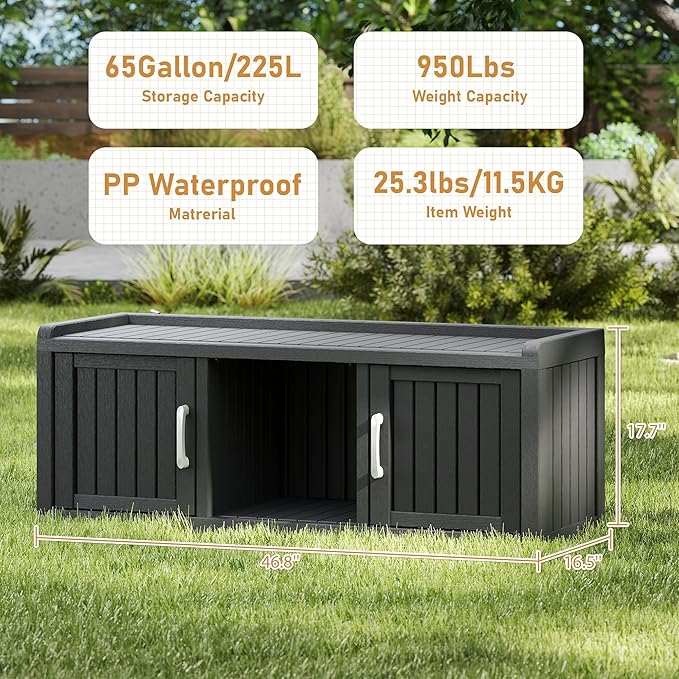 2-Tier Storage Bench, Waterproof UV-Resistant Outdoor Shoe Storage Cabinet with 2 Doors & Adjustable Shelves for Indoor Outdoor Entryway, Hallway, Living Room(Black) NBYSGO