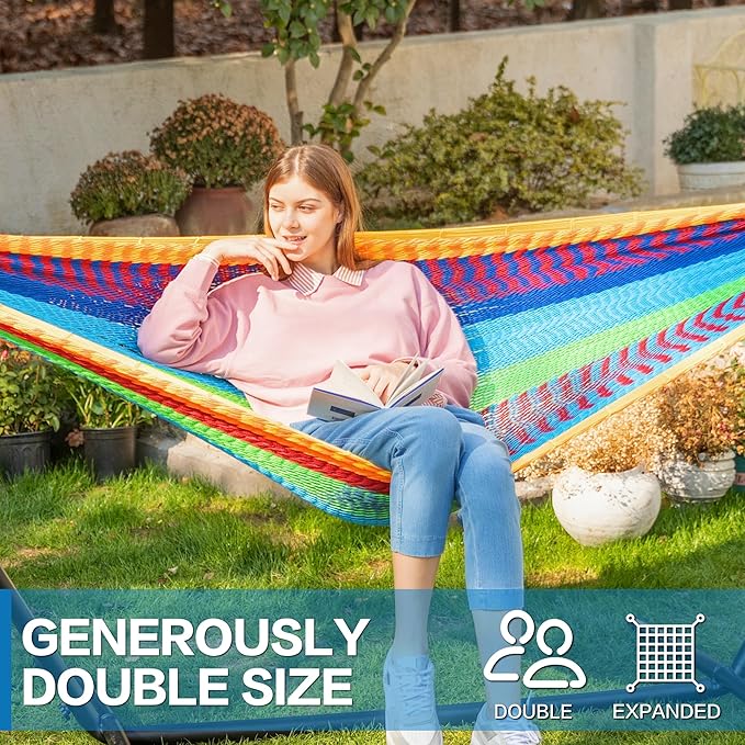 PNAEUT Double Hammocks with Stand for Outside, Portable Space Saving Heavy-Duty Steel Stand for Indoor Outdoor Patio (Mayan Rainbow) PNAEUT