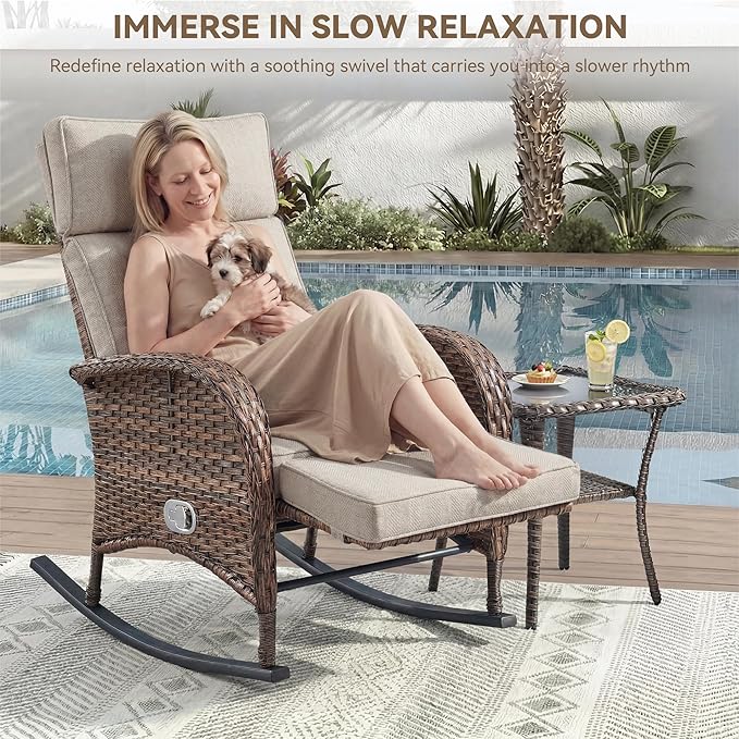 Zero Gravity Patio Rocking Wicker Recliner Chairs Set of 2- Wicker Outdoor Lounge Chair with Adjustable Backrest & Footrest, All Weather Reclining Rocker Chairs with Thick Cushion for Pool Deck Beige JelwalyPatioFurnitureSet