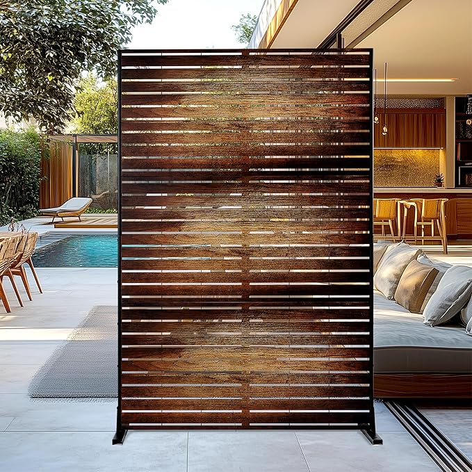 FENCY Metal Outdoor Privacy Screen 72" H×47" W Vintage Wood Color Patio Privacy Screen, Freestanding Decorative for Deck Balcony Patio FENCY