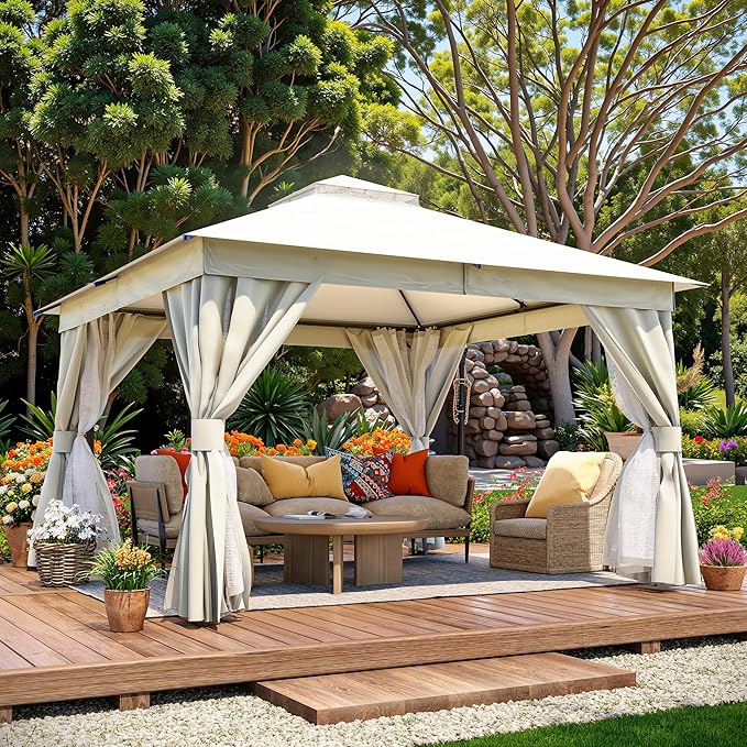 LAUSAINT HOME Semi-Permanent Outdoor Patio Gazebo 12'x12', Heavy Duty Party Tent Shelter with Double Roofs, Mosquito Nettings and Privacy Screens for Backyard, Garden, Lawn, Cream White LAUSAINTHOME