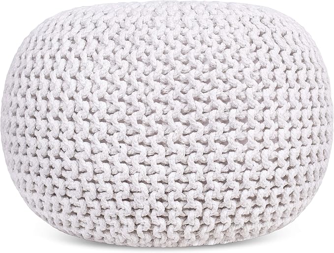 BIRDROCK HOME Round Pouf Ottoman | Cotton Braided Foot Stool with Bean Bag Filling | Boho Foot Rest for Living Room & Bedroom | Compact & Comfortable Seating, Lightweight & Soft | Ivory BIRDROCKHOME