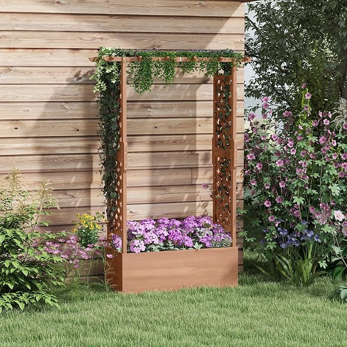 Outsunny Raised Garden Bed with Arch Trellis for Vine Climbing Plants, Hanging Flowers, 70.75" Tall Outdoor Wood Planter Box with Drainage Hole & Fabric Filter for Backyard, Patio, Brown Outsunny