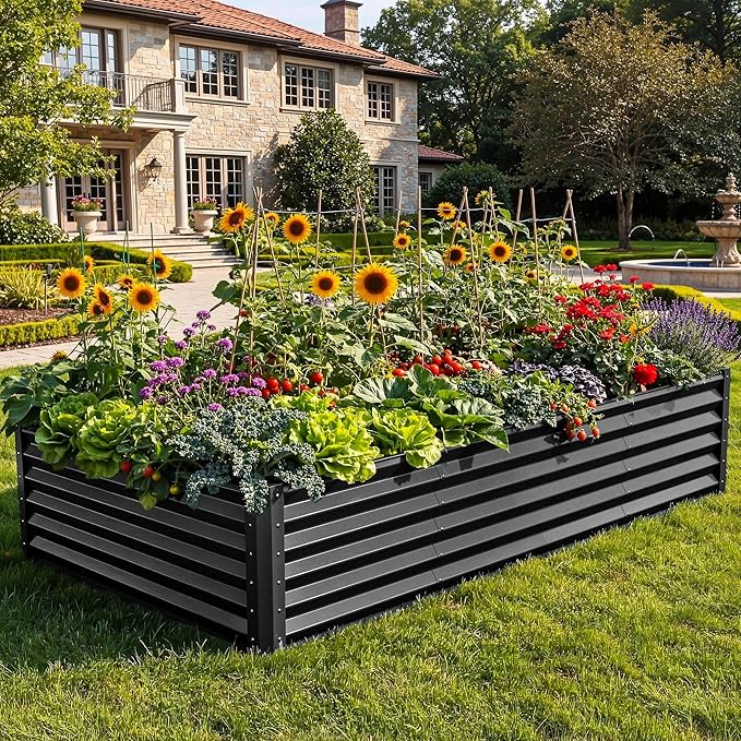 YITAHOME 8x4x1.5 ft Galvanized Raised Garden Bed Kit, Large Metal Planter Box with Gloves, Safety Rubber & Support Rod, Outdoor Flower Bed for Plants Vegetables, Green YITAHOME