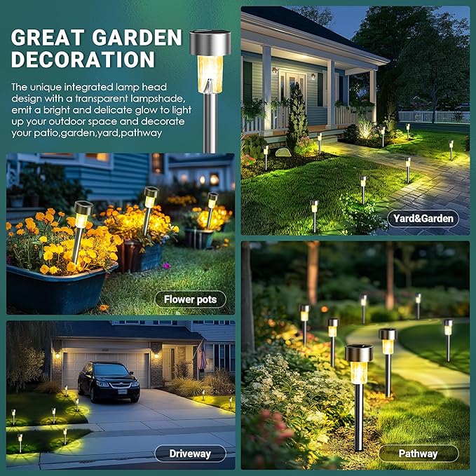 GIGALUMI Solar Lights Outdoor Waterproof, 12 Pack, Stainless Steel LED Solar Garden Lights for Patio, Lawn, Yard and Landscape, Garden Decor Patio Decor,Warm White GIGALUMI
