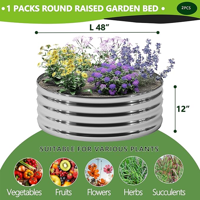 2PCS 4x4x1FT Galvanized Raised Garden Bed Kit,Vegetable Boxes-Round Metal Flower Box,Large Planter Raised Beds Outdoor Garden for Planting,Fruit,Herb-Silver DIIYIV