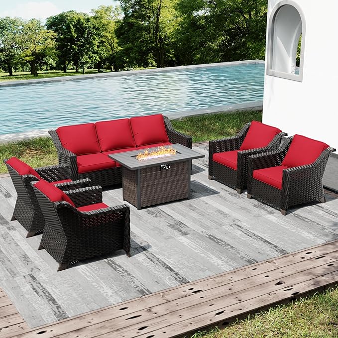 Joyside Wicker Patio Furniture Sets, 6 Pieces Upgraded Large Size Outdoor Furniture with 4 Swivel Rocking Patio Chairs, 3-Seat Sofa, Fire Table,Thick Cushions, Wide Armrest, Red Joyside