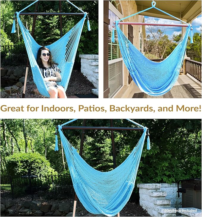 Sunnydaze Outdoor Hammock Chair Swing - Hanging Hammock Swing - Hanging Reading Chair - Soft-Spun Polyester Rope - Caribbean XL - Sky Blue SunnydazeDecor