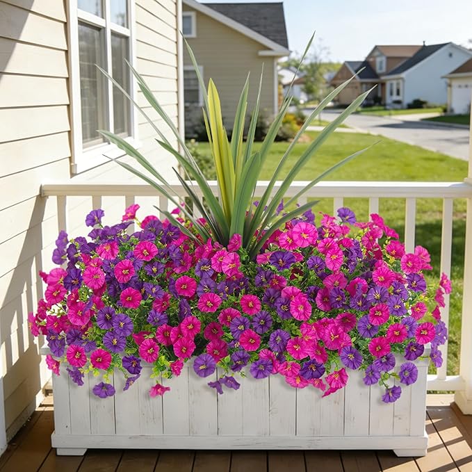 Artificial Flowers for Outdoors Fake Plants Outside, 12 Bundles Silk Morning Glory with Eucalyptus + Orchid Leaf UV Resistant Realistic Faux Flowers for Porch Planter Garden Patio (Purple Fuchsia) INXUGAOArtificialFlowers