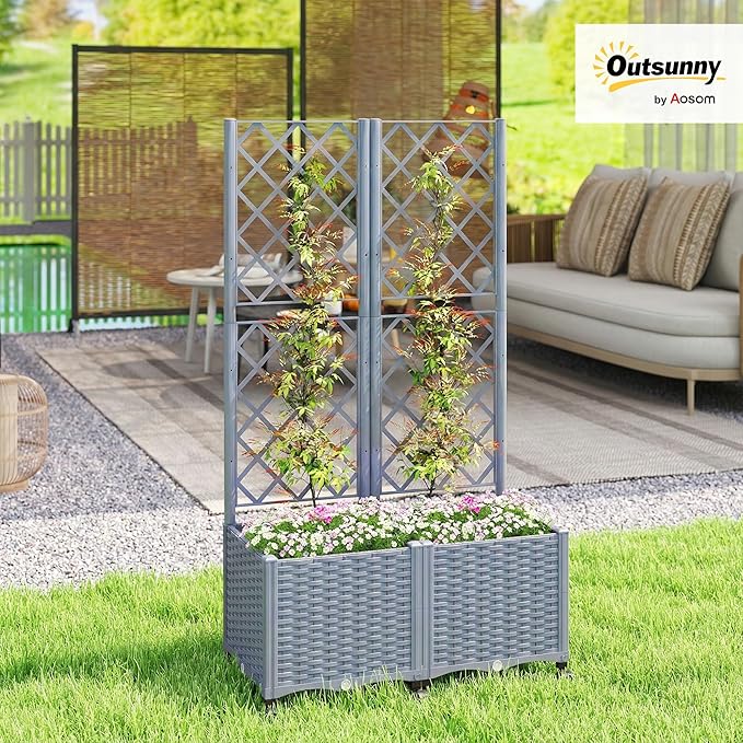 Outsunny Planter Box with Trellis, Self Watering Raised Garden Bed with Lockable Wheels, 56.3" Trellis Privacy Planter with Drainage Holes for Climbing Plants, Vines, Vegetables, Flowers, Gray Outsunny