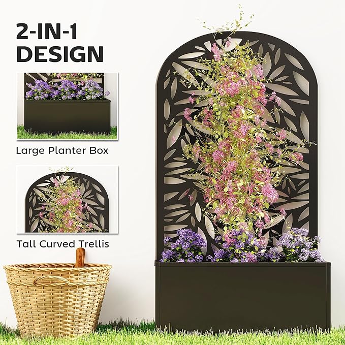 Outsunny Metal Raised Garden Bed with Trellis for Climbing Plants, Freestanding or Wall Mounted Flower Bed with Cueved Privacy Panel, Leaves Cut-Out Outdoor Planter Box for Garden, Patio, Balcony Outsunny