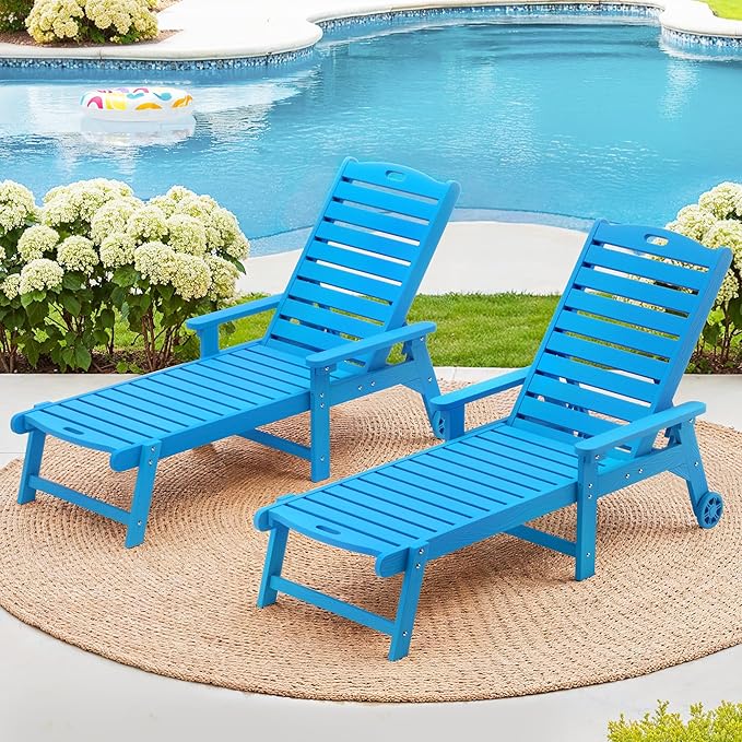 LUE BONA Outdoor Chaise Lounge Chairs Set of 2, 79'' Oversized HDPS Chaise Lounger, 5 Positions Adjustable Lounge Chairs, Pool Lounge Chair with Wheels for Poolside,3 Year Warranty, Blue LUEBONA