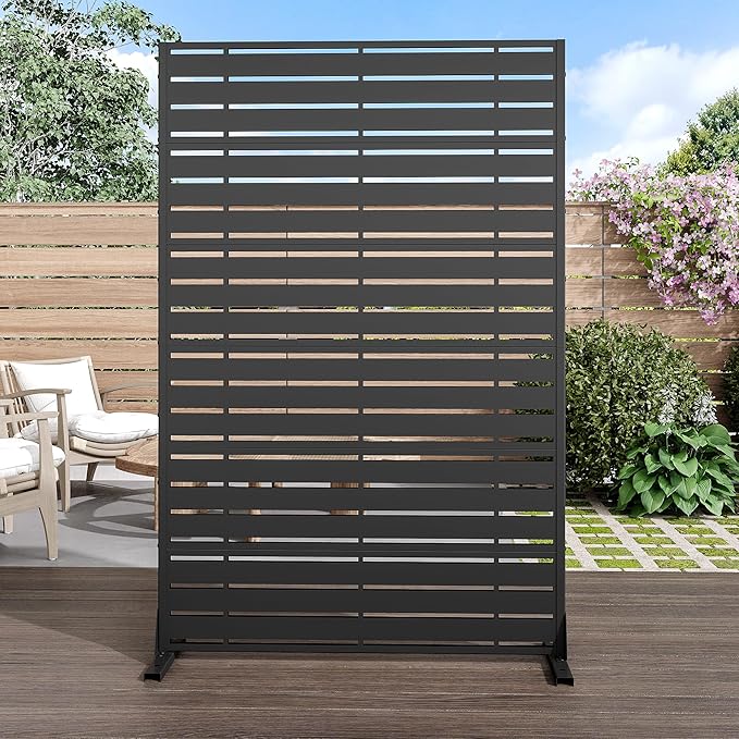 Casaphoria Metal Privacy Screen Outdoor, 72" H x 47" W Freestanding Decorative Privacy Screen for Patio Deck Balcony Garden with Stable Base, Black-Adams Casaphoria
