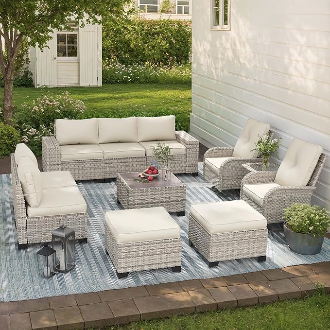 11-Piece Outdoor Patio Furniture Set with Rocking Swivel Chair Wicker Sectional Sofa Set, Patio Conversation Set with Ottomans & Coffee Table for Garden, Backyard, Poolside, White MuphyersPatioFurniture