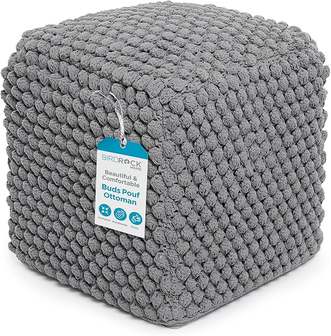BIRDROCK HOME Buds Pouf Foot Stool Ottoman - Knit Bean Bag Floor Chair - Cotton Braided Cord - Great for The Living Room, Bedroom and Kids Room - Small Furniture (Grey - Buds) BIRDROCKHOME