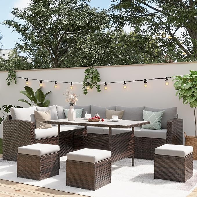 Wisteria Lane 7 Piece Patio Furniture Set, Wicker Patio Sectional with Wide Armrest, All Weather Outdoor Dining Set, Outdoor Furniture Patio Conversation Set with Ottoman, Grey WisteriaLane