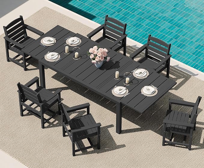 SERWALL 7-Piece Patio Dining Sets, 60" - 83" Expandable Outdoor Dining Table and 6 HDPE Chairs, All Weather HDPE Outdoor Furniture Set for Backyard, Garden, Black SERWALL