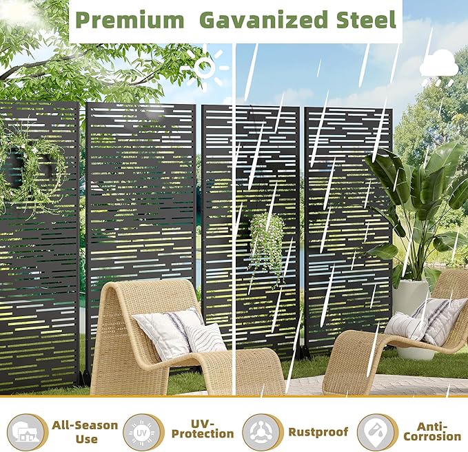 Casaphoria Metal Privacy Screen Outdoor, 72" H x 47" W Freestanding Decorative Privacy Screen for Patio Deck Balcony Garden with Stable Base, Shine Black Casaphoria