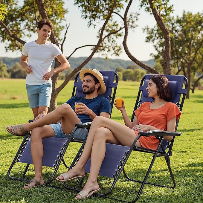Homall Zero Gravity Chair Patio Folding Lawn Outdoor Lounge Gravity Camp Reclining Lounge Chair with Cup Holder Pillows for Poolside Backyard and Beach Set of 2 (Blue) Homall