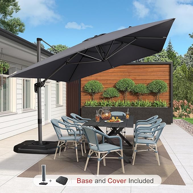 PURPLE LEAF 10'×13' Patio Umbrella with Base Included and Cover Outdoor Umbrella with Cover Extra Large Heavy Duty Cantilever Umbrella Grey PURPLELEAF