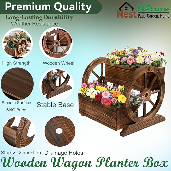 NestNature Wooden Wagon Planter Box,Raised Garden Bed,Decorative Garden Planters with Wheels-Outside Flower Pots for Indoor/Outdoor Décor Plants NestNature