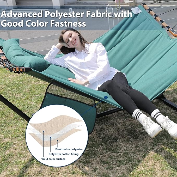 TegerDeger 12FT 2 Person Hammock Large Hammock 450LB Capacity with V Shaped Hardwood Spreader Bar & Nylon Rope for Outside, Patio, Garden, Backyard, Beach, Poolside - Lake Blue Tegerdeger