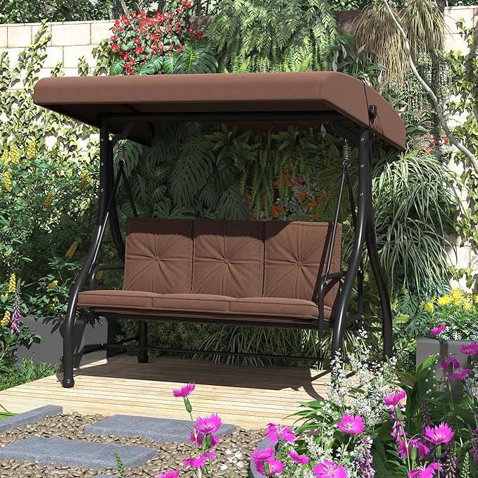U-MAX Porch Swing Chair with Adjustable Backrest&Canopy, 3 Seat Patio Swing with Canopy 2-in-1 Convertible Outdoor Swing with Canopy Patio Daybed with Removable Brown Cushions for Adults U-MAX