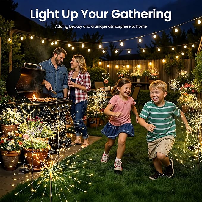 Solar Lights Outdoor, 120LED 4pack Fairy Garden Lights Decor for Outside Fireworks Lights Solar Powered for Yard, Patio, Pathway, Walkway, Balcony, Warm White Suncket