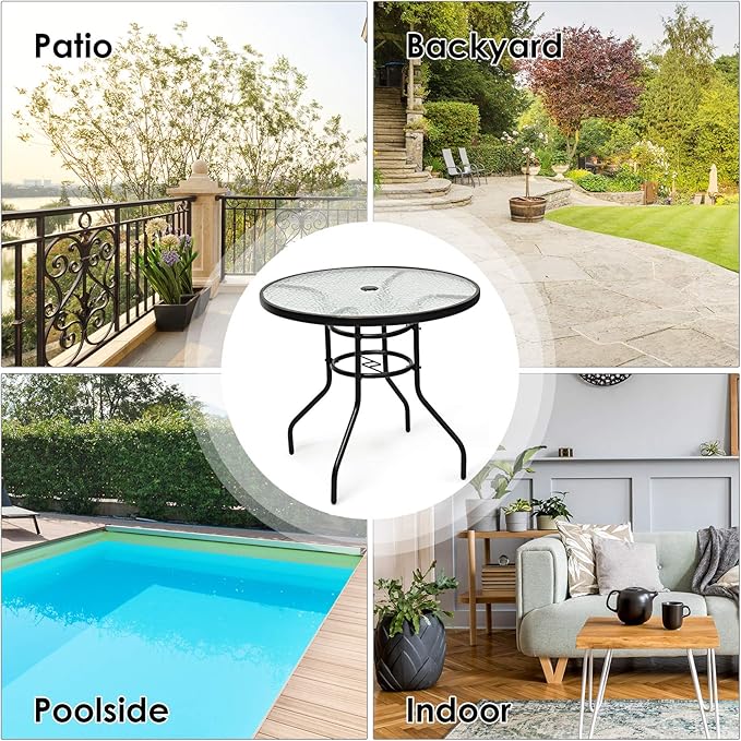 Tangkula 32" Round Outdoor Table with Tempered Glass Top, Patio Dining Table with Umbrella Hole & Metal Frame, Outside Bistro Table for Backyard, Lawn, Deck & Poolside TANGKULA