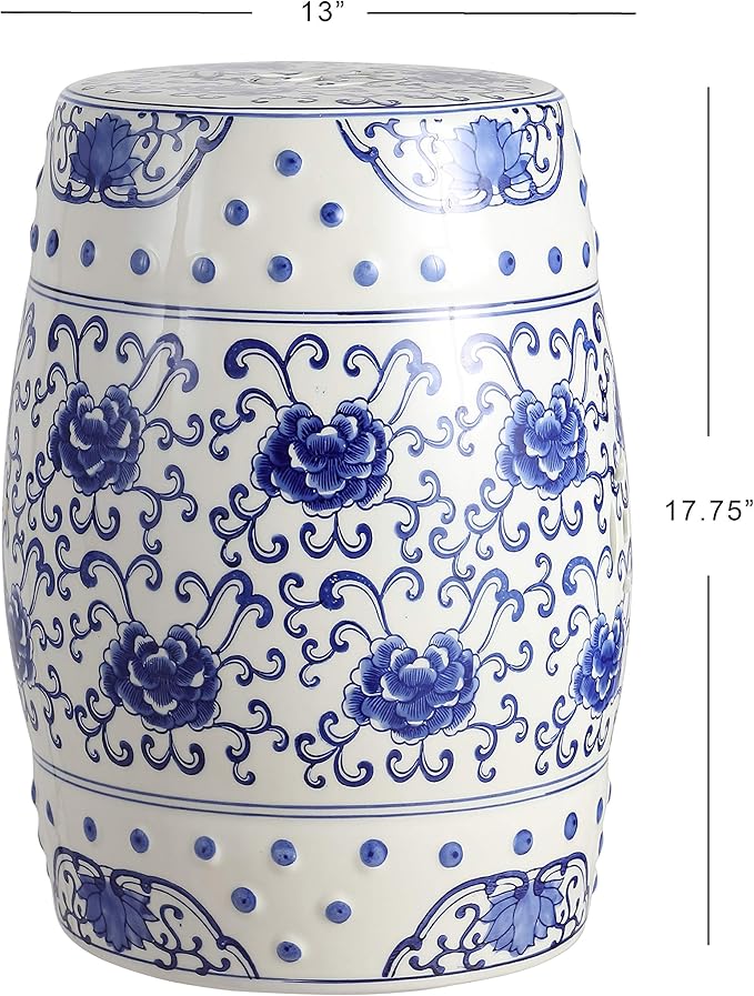 JONATHAN Y TBL1000A Lotus Flower 17.8" Chinoiserie Ceramic Drum Indoor/Outdoor Garden Stool Bohemian, Coastal, Classic, Cottage, French Country, Traditional, Bathroom, Garden Room, Patio, Blue/White JONATHANY