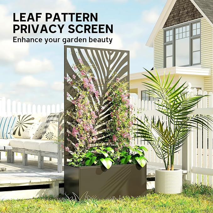 Outsunny Metal Planter Box with Trellis, 71" Tall Raised Garden Bed with Trellis Privacy Screen for Climbing Plants, Large Leaf Cut-Out Privacy Planter for Garden, Patio, Balcony Outsunny