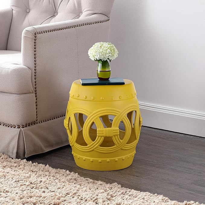 JONATHAN Y TBL1022E Lucky Coins 16" Chinese Ceramic Drum Indoor/Outdoor Garden Stool Bohemian, Coastal, Cottage, French Country, Traditional, for Living Room, Garden Room, Patio, Matte Yellow JONATHANY