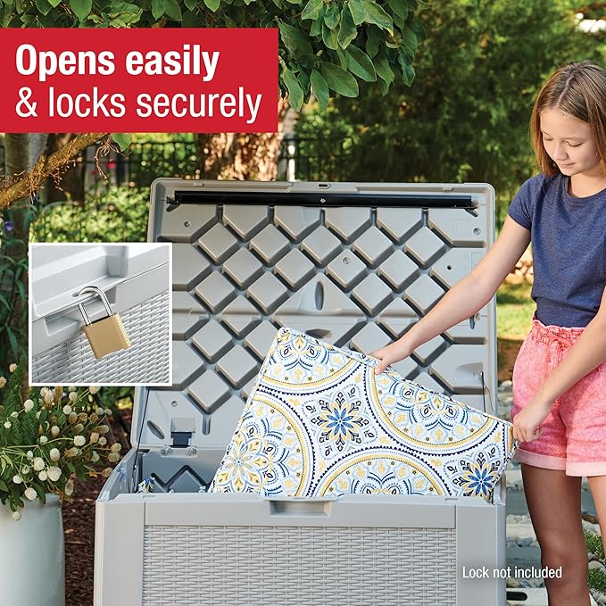 Rubbermaid Medium Resin Outdoor Storage Deck Box (74 Gal) Weather Resistant Gray Deck Organization for Home/Backyard/Pool Chemicals/Toys/Garden Tools/Porch/Patio Cushions Rubbermaid