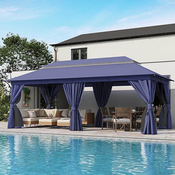 LAUSAINT HOME Semi-Permanent Outdoor Patio Gazebo 10'x20', Heavy Duty Party Tent Shelter with Double Roofs, Mosquito Nettings and Privacy Screens for Backyard, Garden, Lawn, Navy Blue LAUSAINTHOME