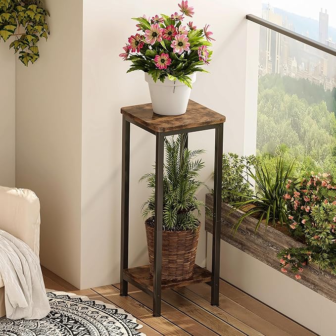 Homeiju 2-Pack Plant Stand Indoor, 2 Tier Wood Corner Plant Stand, Modern Square Plant Shelf Flower Stand for Living Room Patio Balcony Garden, Rustic Brown Homeiju