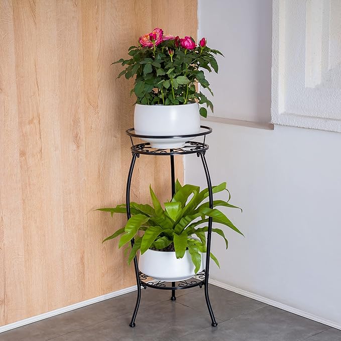FaithLand Plant Stand, Metal Planter Holder Indoor Outdoor, 2 Tier Round Potted Supports Rack, Corner Display Shelf Black, Tall FaithLand