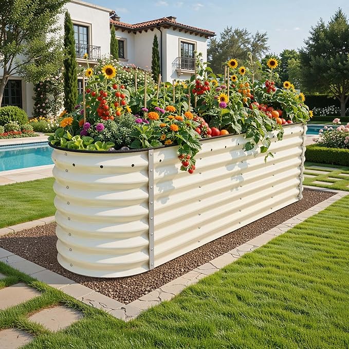 YITAHOME 24" Tall 9 in 1 Large Raised Garden Bed Kit, 8x4x2ft Galvanized Metal Planter Box with Gloves and Safety Rubber, Outdoor Above Ground Planters for Plants Vegetables Flowers, White YITAHOME