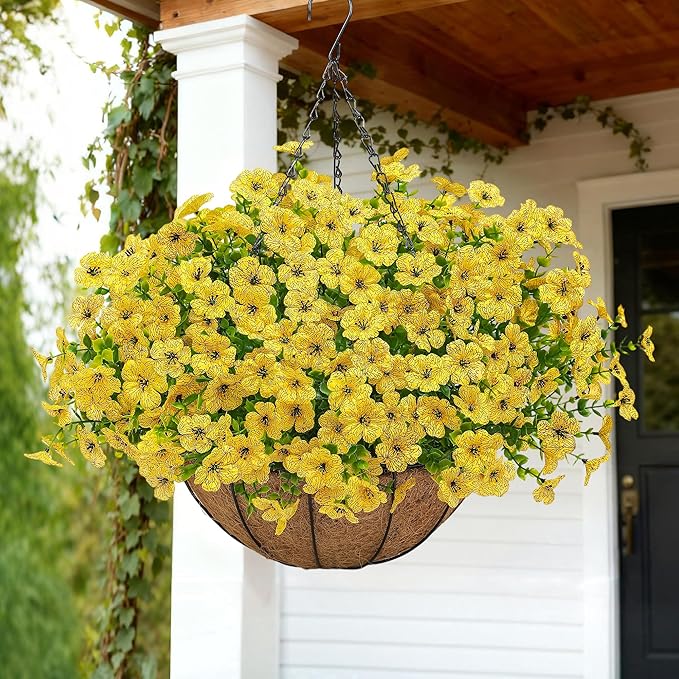 Artificial Faux Hanging Mums Plants Flowers Basket for Outdoors Summer Autumn Decoration,Hanging Planters with Fake Silk Daisy UV Resistant Realistic for Outside Porch Patio Balcony Garden Home Yellow Tiabean