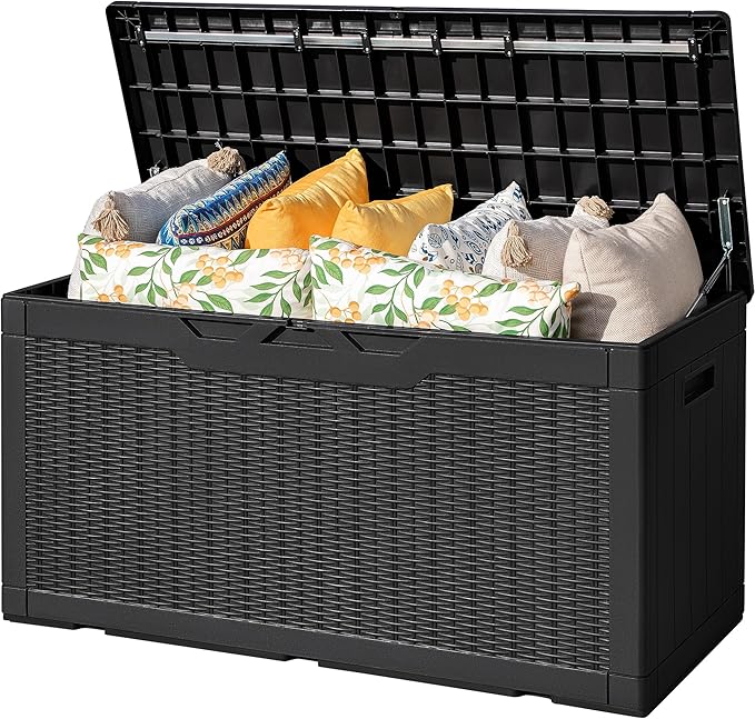 Flamaker Outdoor Storage Box 100 Gallon Waterproof Resin Deck Box Delivery Box with Air Rod Indoor Outdoor Lockable Storage Bench for Patio Cushions, Tools, Pool Accessories (Black) Flamaker