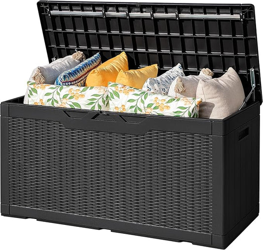 Flamaker Outdoor Storage Box 100 Gallon Waterproof Resin Deck Box Delivery Box with Air Rod Indoor Outdoor Lockable Storage Bench for Patio Cushions, Tools, Pool Accessories (Black) Flamaker