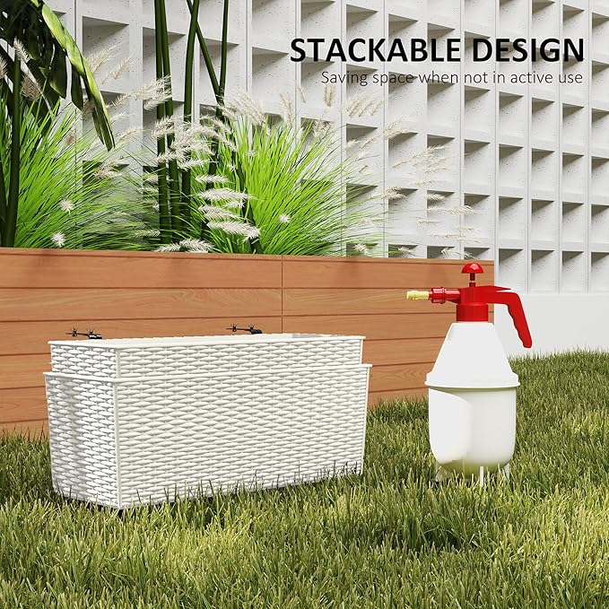 Outsunny Railing Planter Box (2 Pack, 20 Inch), Hanging Flower Pots with Hooks, Drainage Holes for Fence, Balcony, Garden, Patio, Rattan Look, White Outsunny
