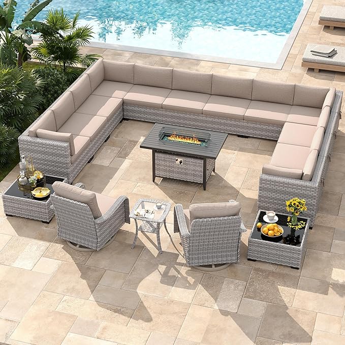 14-Seat Outdoor Wicker Patio Furniture Set with Fire Pit Table, Modular Rattan Sectional Sofa & 2 Swivel Rocking Chairs, 4" Thick Cushions, Rust-Resistant Frame,Beige MASIONBACKYARDS