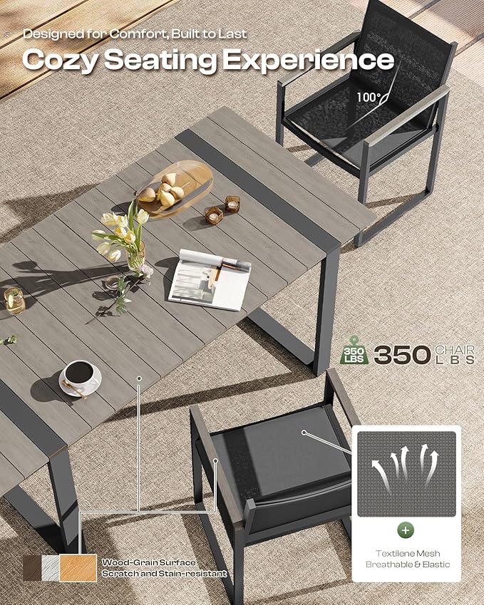 Outdoor Dining Set, HDPS + Aluminum Patio Table and Chairs Set with U-Shaped Base, 7 Piece Outdoor Furniture Set with Umbrella Hole, Patio Dining Table Set for Garden, Backyard (Gray) Oasbira