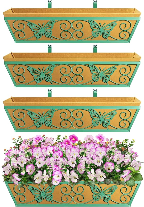 4 Pack 24 Inch Window Boxes Planters Railing Planter Box with Adjustable Brackets for Porch Fence Patio Balcony Hanging Flower Baskets with Woven Fabric for Outdoor Garden Decor - Green KarlliuHOMEGARDEN